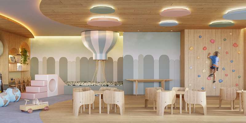 PERSPECTIVA ILUSTRATIVA DA BRINQUEDOTECA, QUE SE TRANSFORMA EM UMA SALA DE FESTA INFANTIL, COM APOIO DE COPA