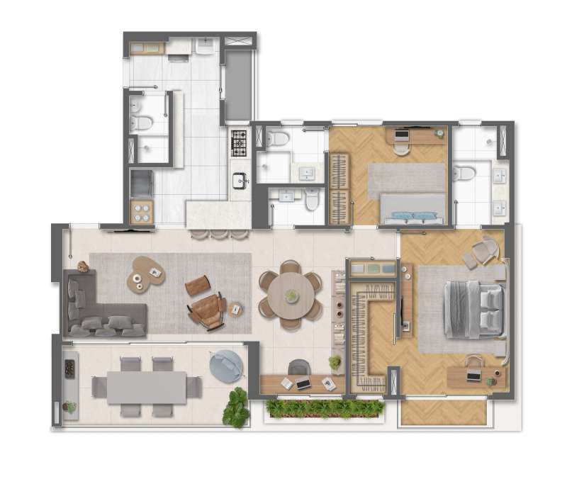 PLANTA ILUSTRATIVA DECORADA DO APARTAMENTO 2 SUÍTES COM SALA AMPLIADA E COZINHA ABERTA.