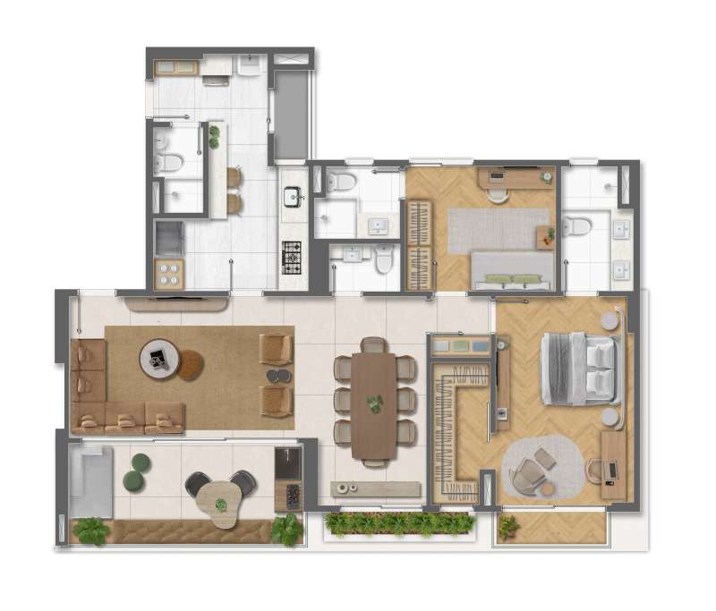 PLANTA ILUSTRATIVA DECORADA DO APARTAMENTO 2 SUITES (SALA AMPLIADA) E COZINHA FECHADA.