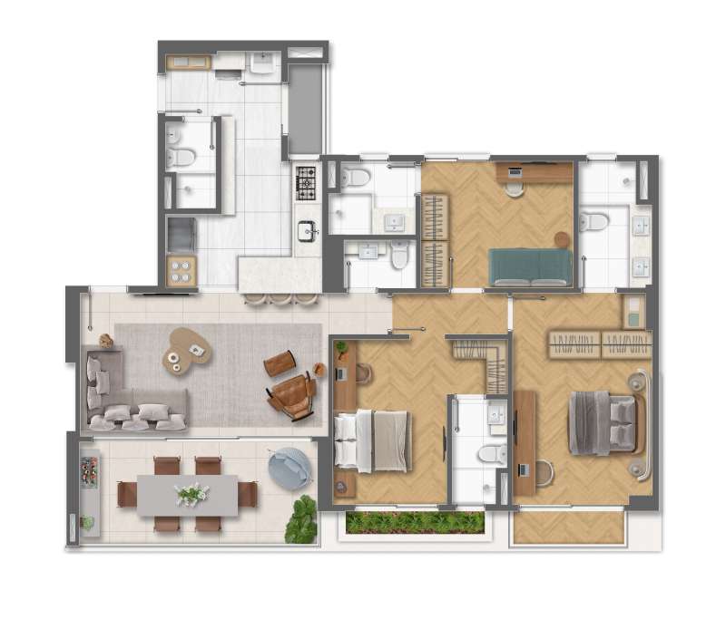 PLANTA ILUSTRATIVA DECORADA DO APARTAMENTO 3 SUÍTES COM COZINHA ABERTA.