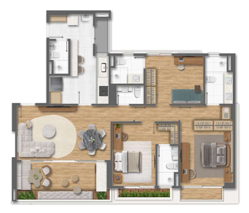 PLANTA ILUSTRATIVA DECORADA DO APARTAMENTO 3 SUÍTES COM COZINHA FECHADA.