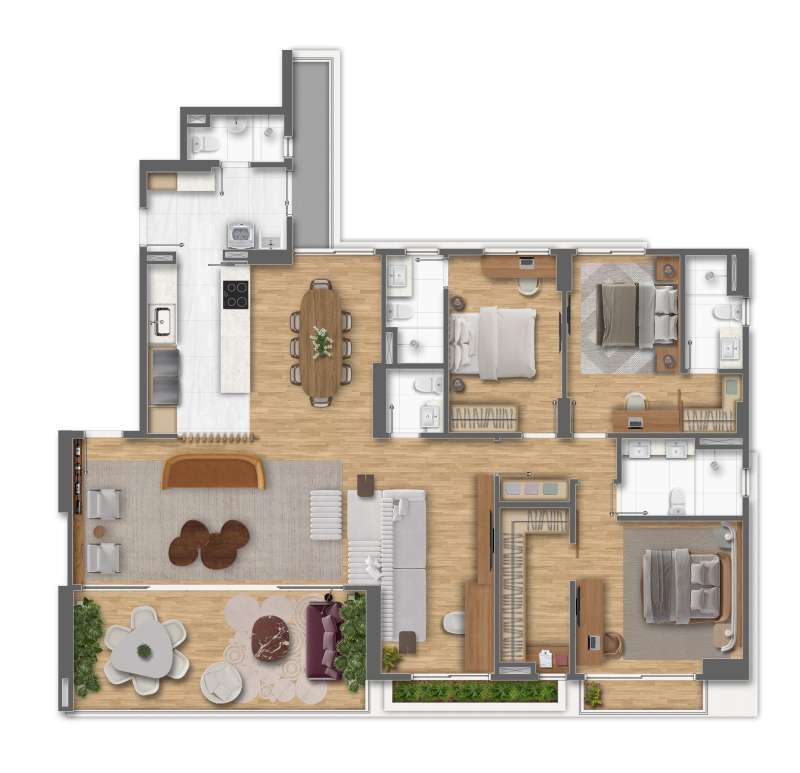 PLANTA ILUSTRATIVA DECORADA DO APARTAMENTO 3 SUÍTES COM COZINHA ABERTA E SALA DE JANTAR.