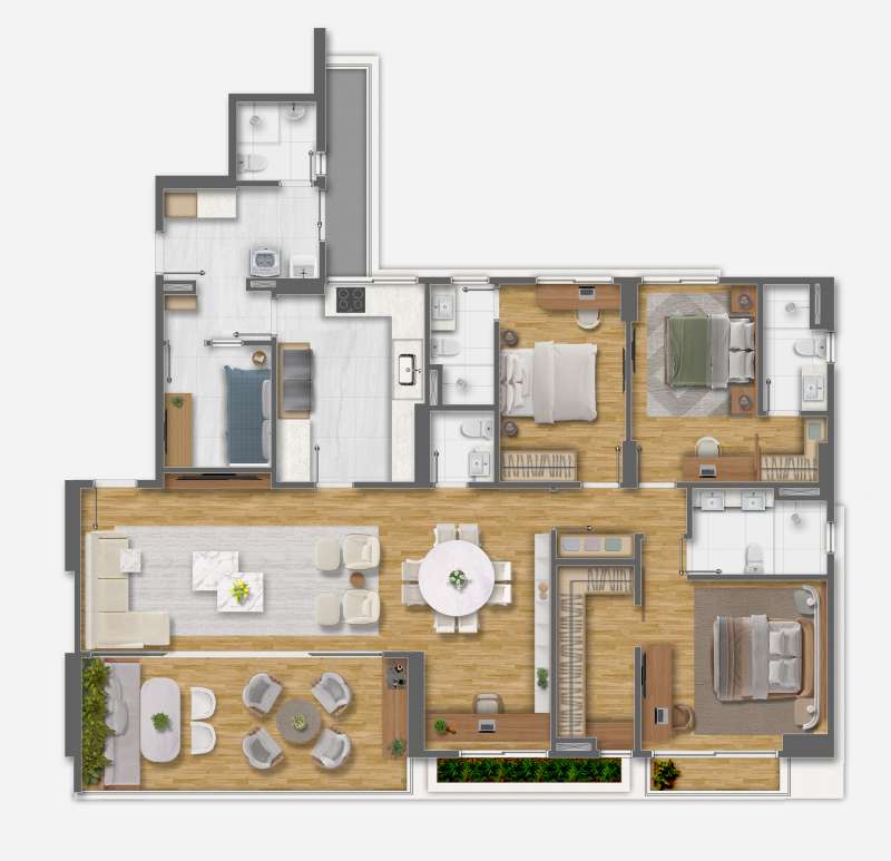 PLANTA ILUSTRATIVA DECORADA DO APARTAMENTO 3 SUÍTES (SALA AMPLIADA) COM COZINHA FECHADA E SALA DE JANTAR.