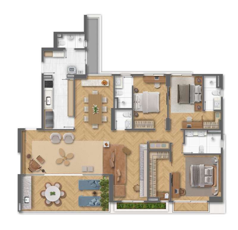 PLANTA ILUSTRATIVA DECORADA DO APARTAMENTO 3 SUÍTES (SALA AMPLIADA) COM COZINHA FECHADA E SALA DE JANTAR.