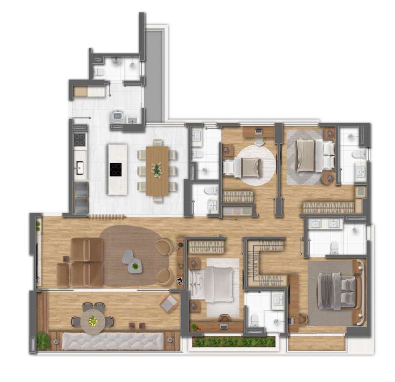 PLANTA ILUSTRATIVA DECORADA DO APARTAMENTO 4 SUÍTES.