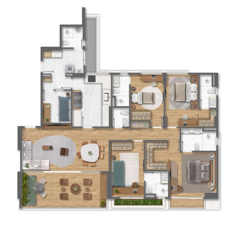 PLANTA ILUSTRATIVA DECORADA DO APARTAMENTO 4 SUÍTES COM QUARTO DE FUNCIONÁRIA.