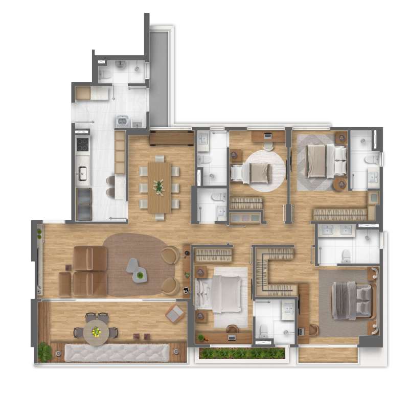 PLANTA ILUSTRATIVA DECORADA DO APARTAMENTO 4 SUÍTES COM COZINHA FECHADA E SALA DE JANTAR.